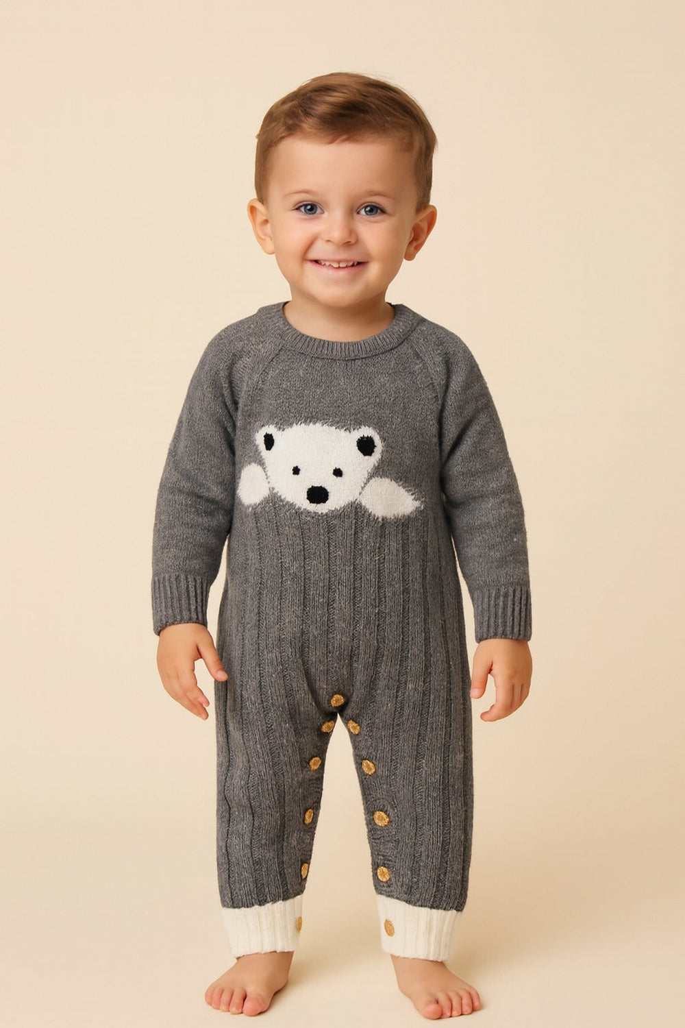 ! Warme Teddybeer Baby Romper – 100% Biologisch Gebreid Katoen